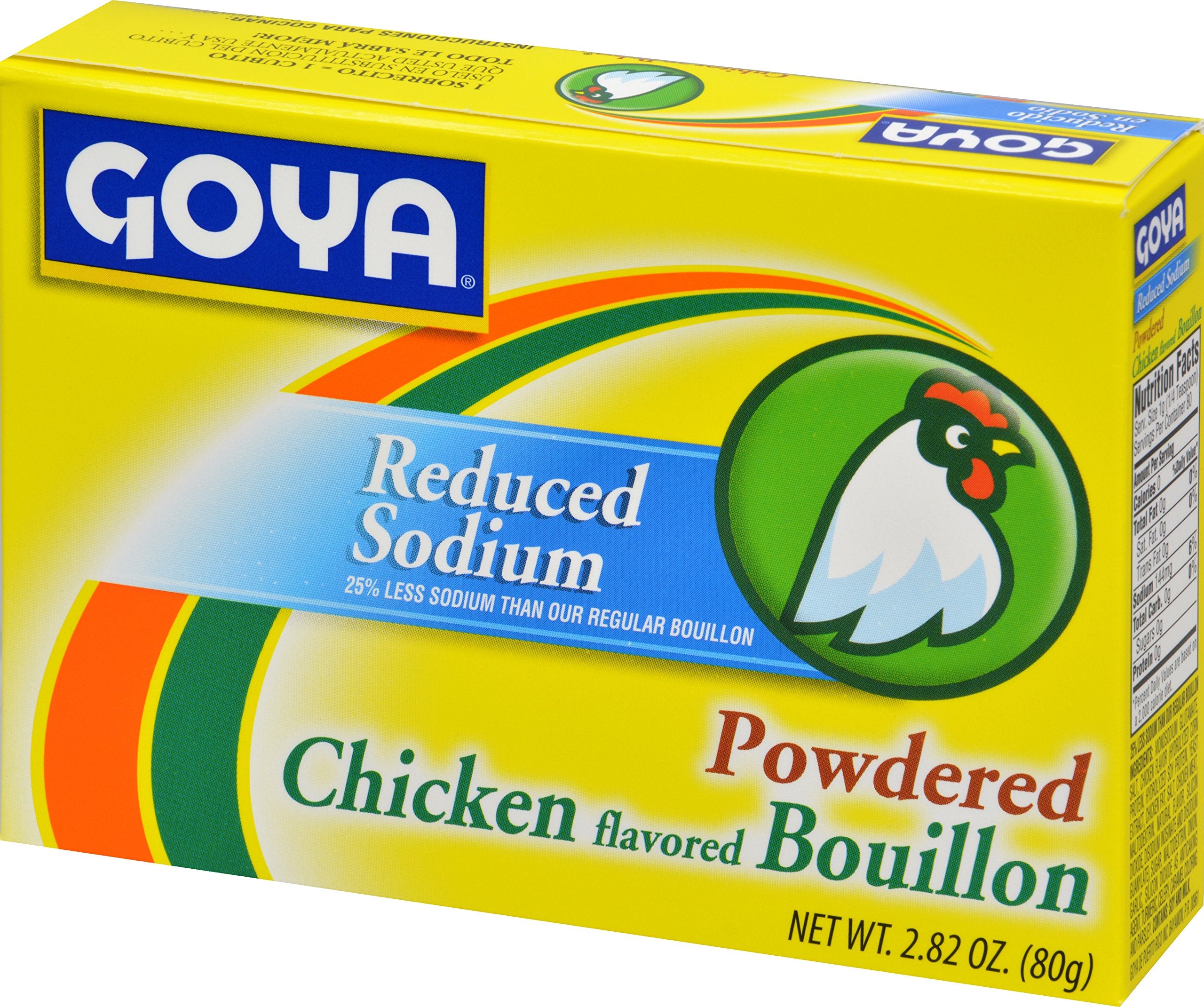 Goya bouillon cubes alongside spices on a pantry shelf.