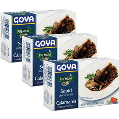 Goya Calamares Tinta squid cans in a 3-pack, ready for pantry meals.