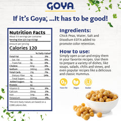Goya Chick Peas hummus-ready garbanzo beans for dips.