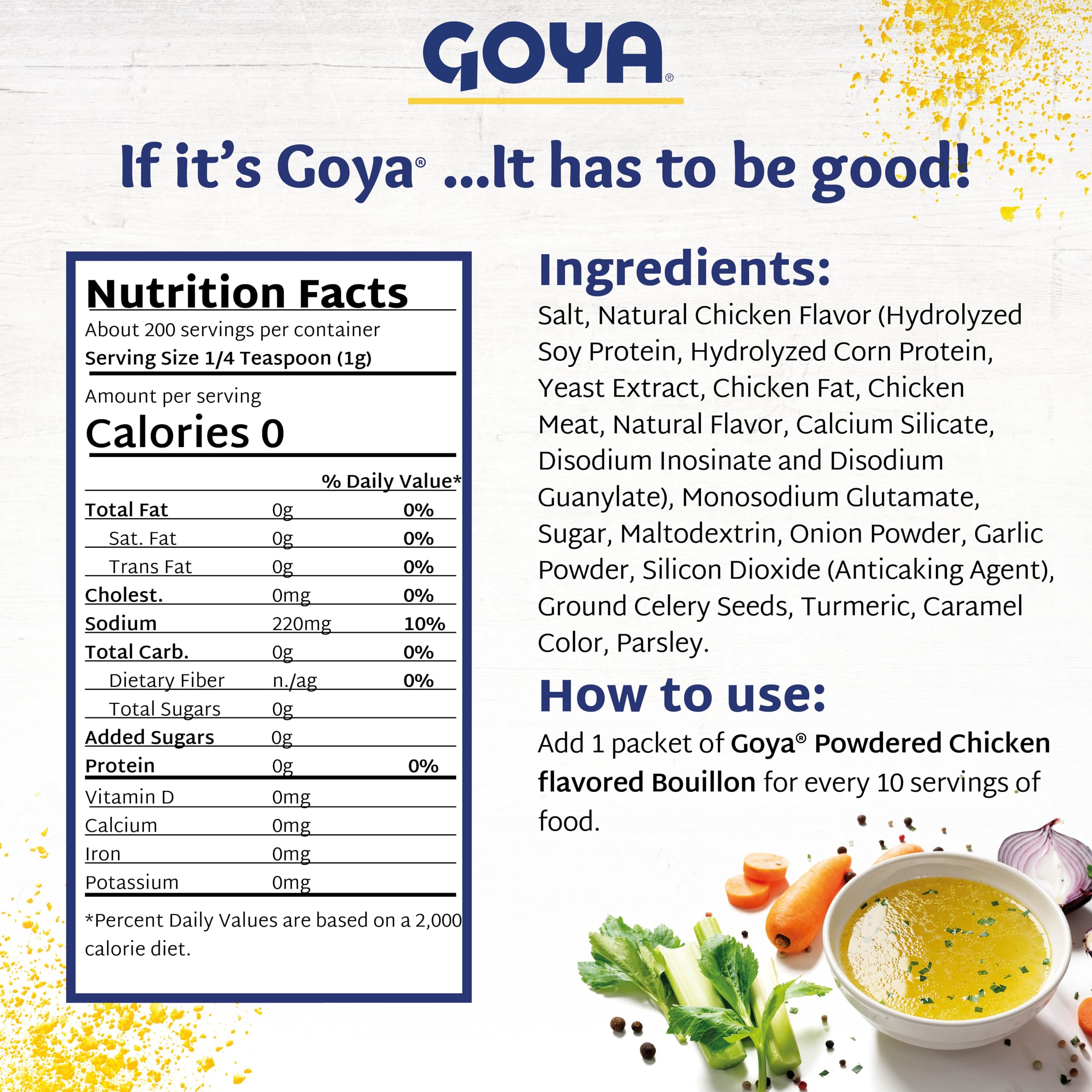 Goya bouillon powder dissolving in hot broth for richer taste.