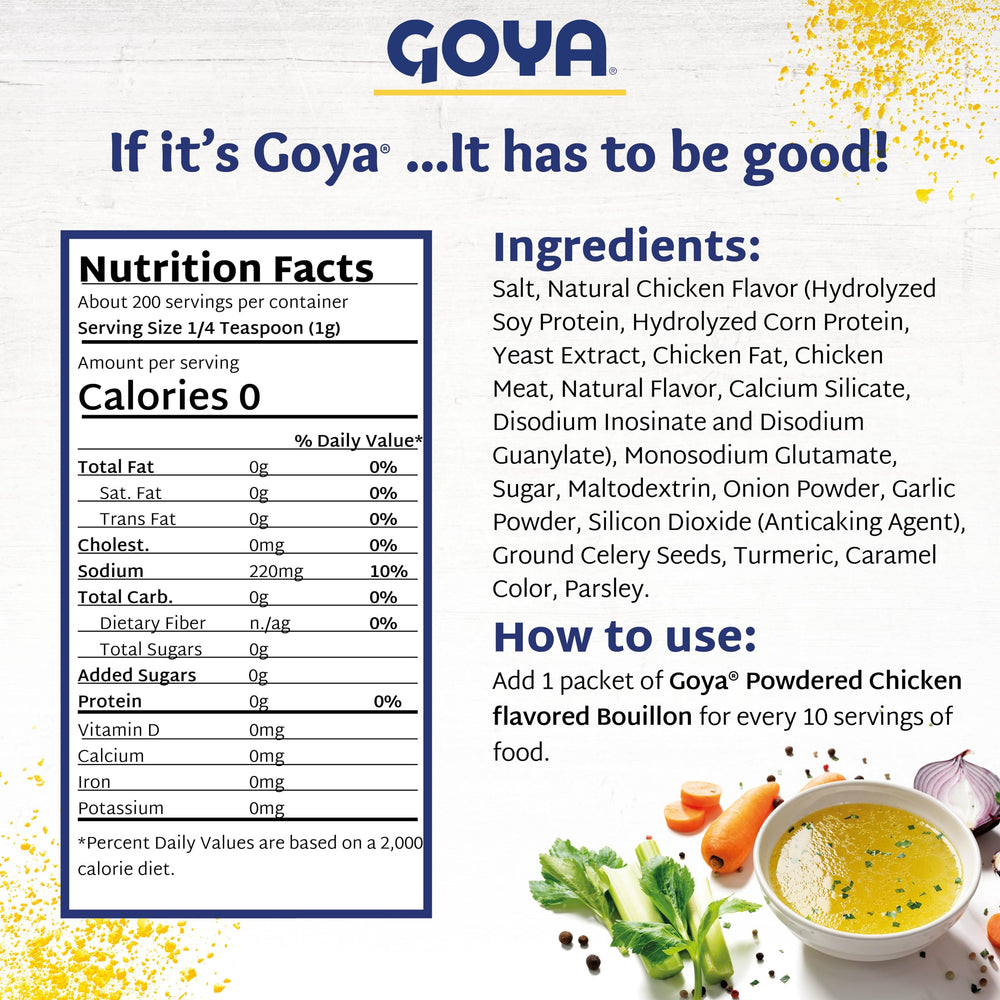 Goya bouillon powder dissolving in hot broth for richer taste.
