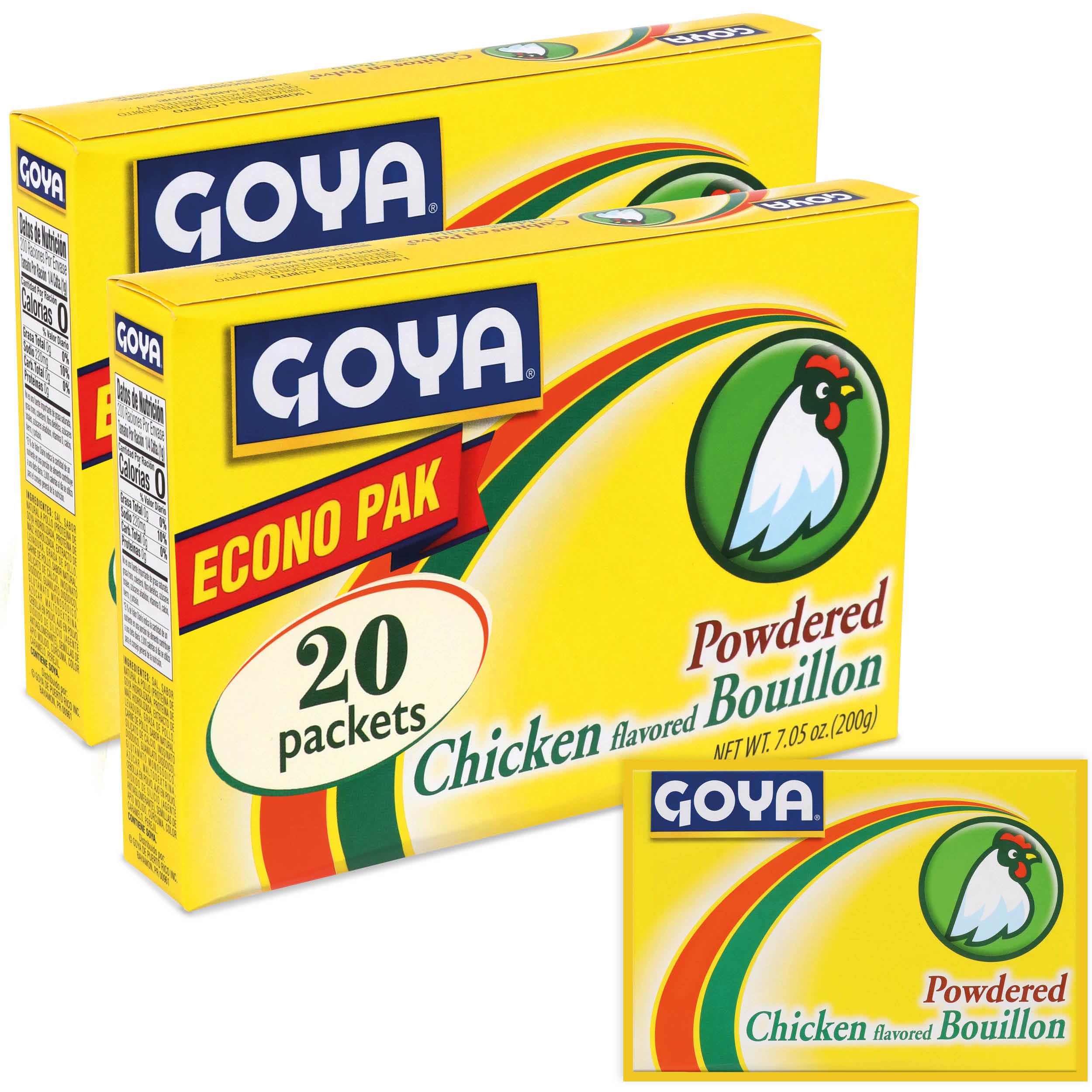 Goya chicken bouillon packets box visible for quick, bold flavor in meals.
