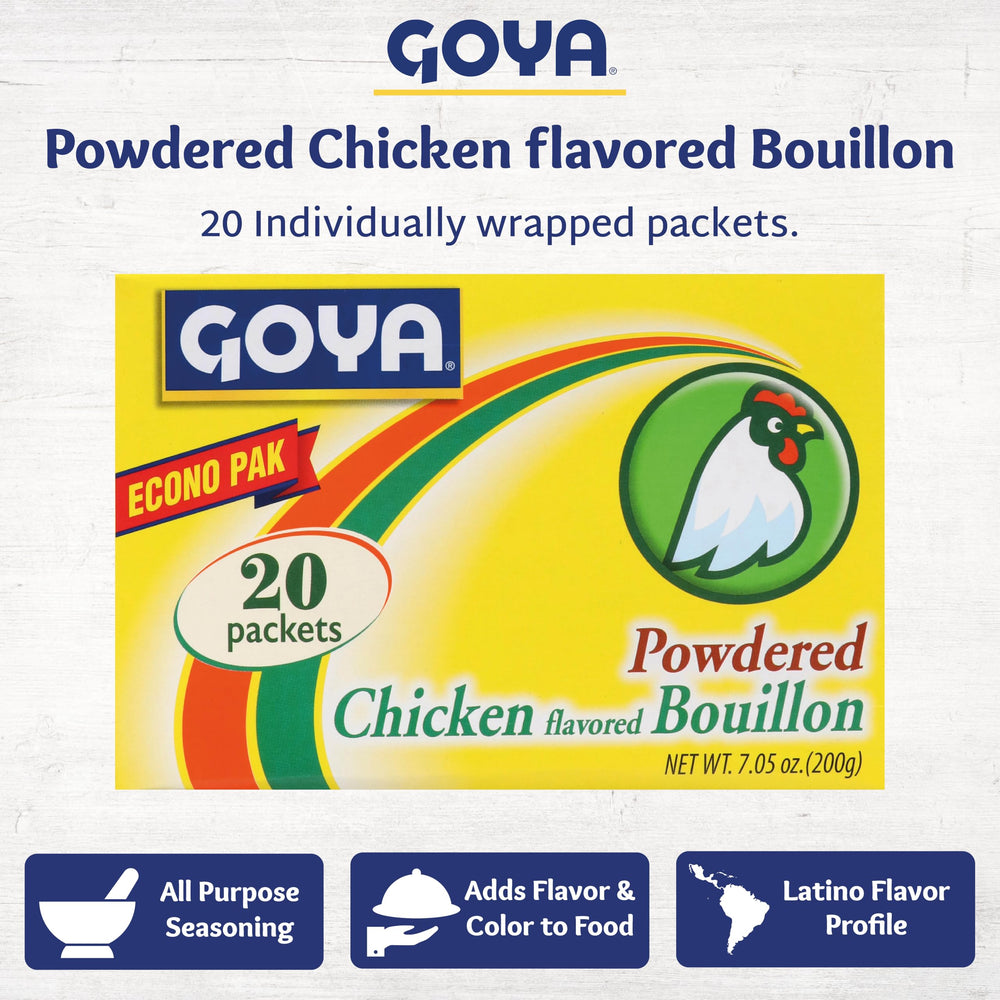 Spoon adding Goya bouillon powder into a pot.