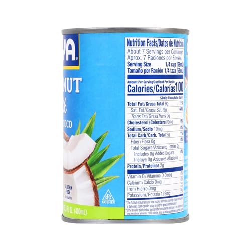 Goya Coconut Milk can back: unsweetened and versatile for savory and sweet dishes.