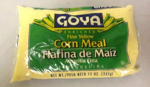 Package close-up of Goya corn meal 12oz bag on shelf.