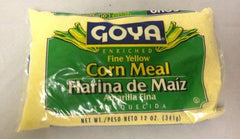 Package close-up of Goya corn meal 12oz bag on shelf.
