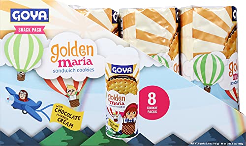 Close-up of Goya Golden Maria cookies' crumbly texture and chocolate cream filling, delicious snack.