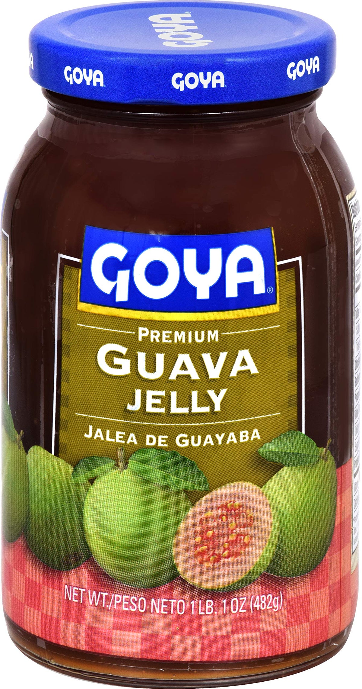 Goya Guava Jelly glass jar front view, ideal for spreading on toast