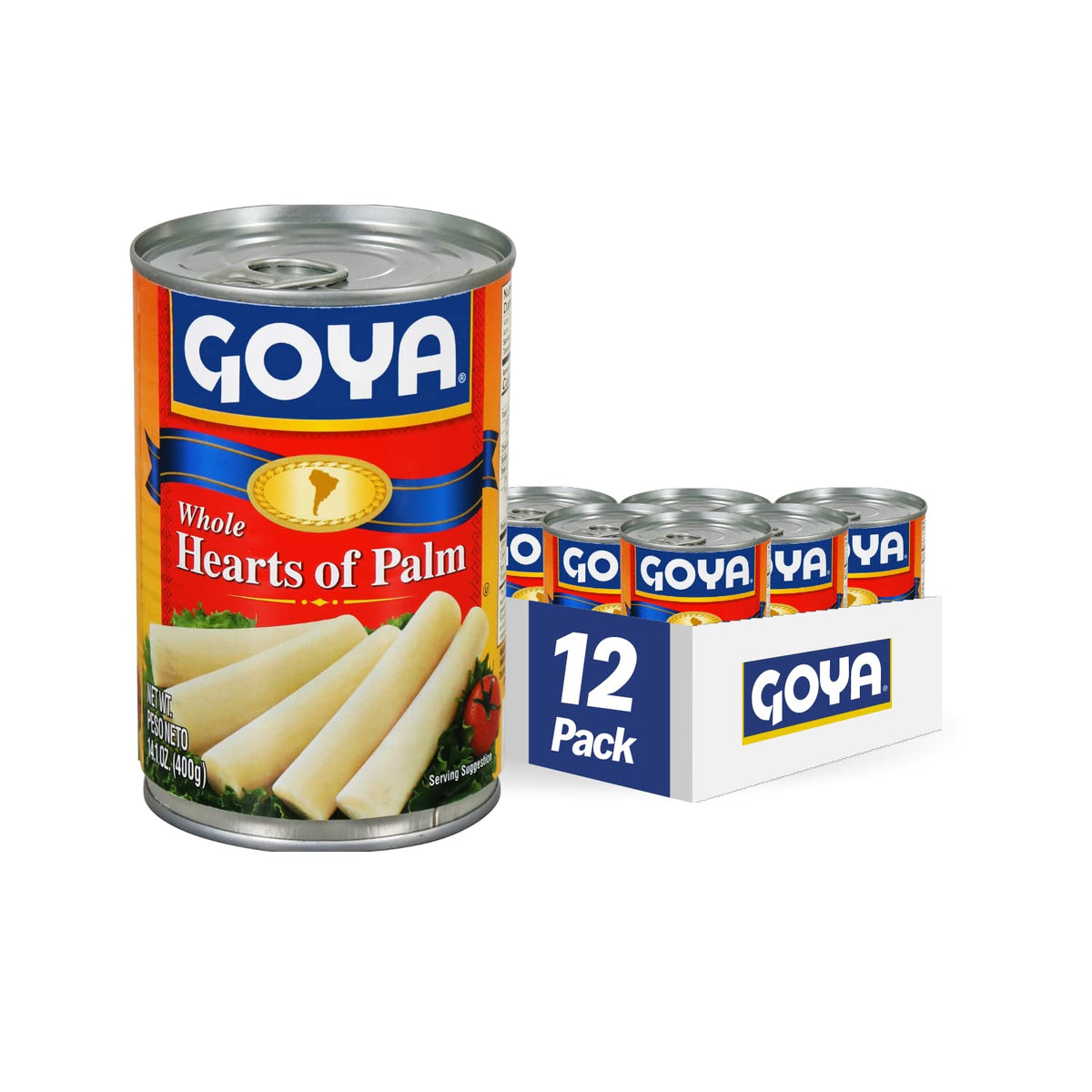 Goya hearts of palm pack of 12 cans in pantry – convenient bulk supply.