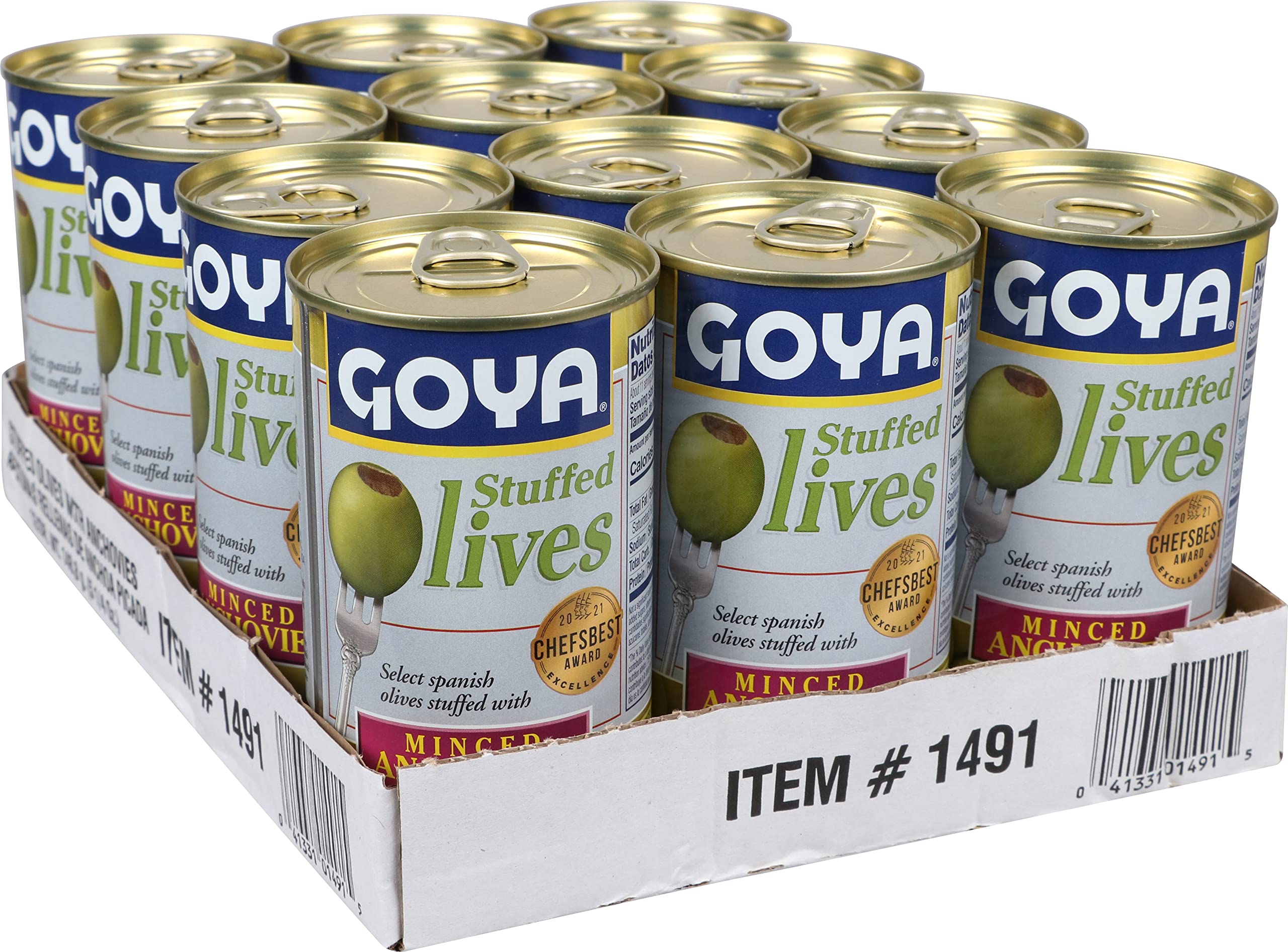 Goya olives with minced anchovies as an ingredient for salads and stews.