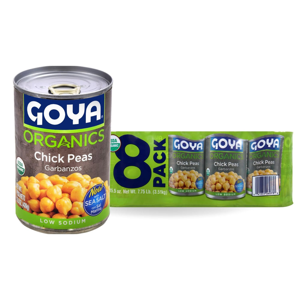 Goya Organic Chick Peas can closeup highlight plump, premium quality