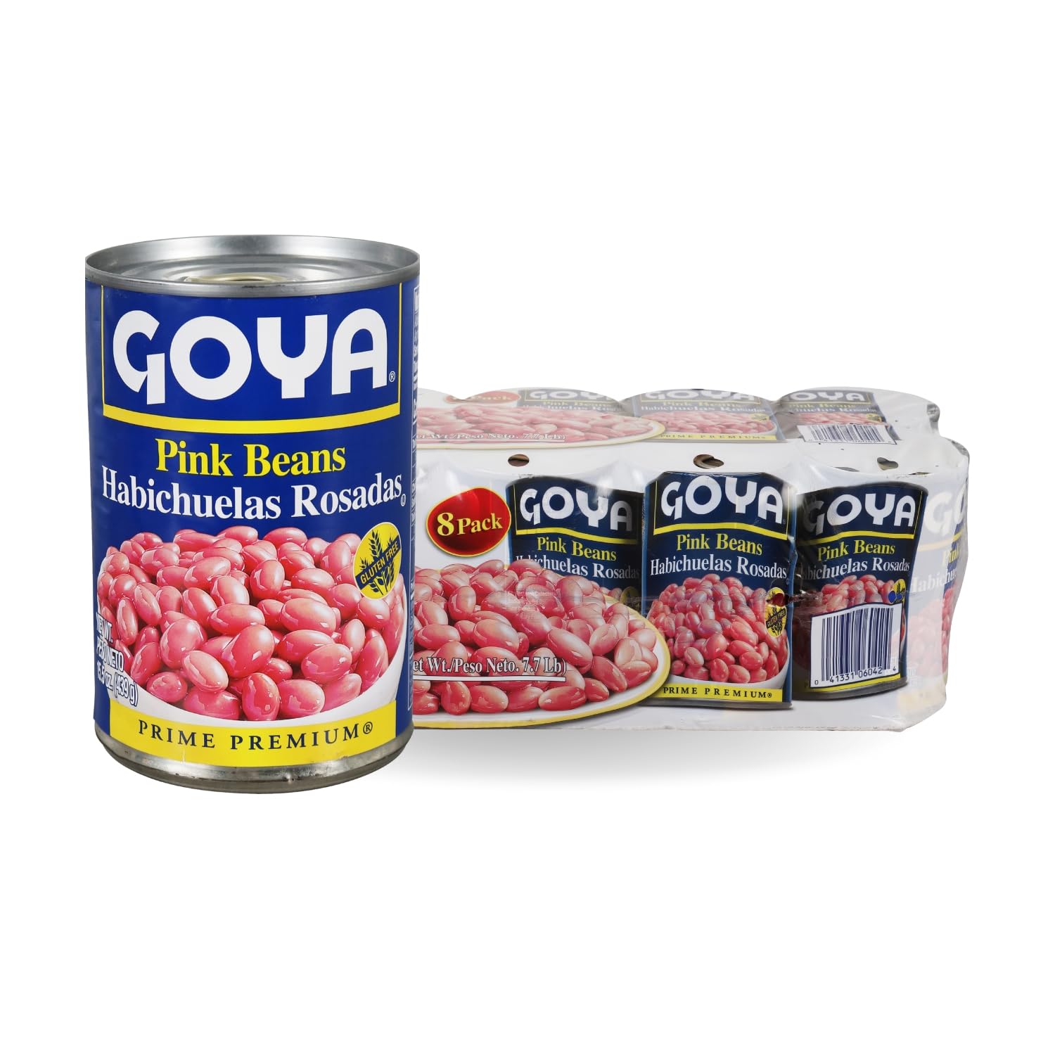 Goya Pink Beans pack of eight cans on a kitchen shelf, ready for quick meals.