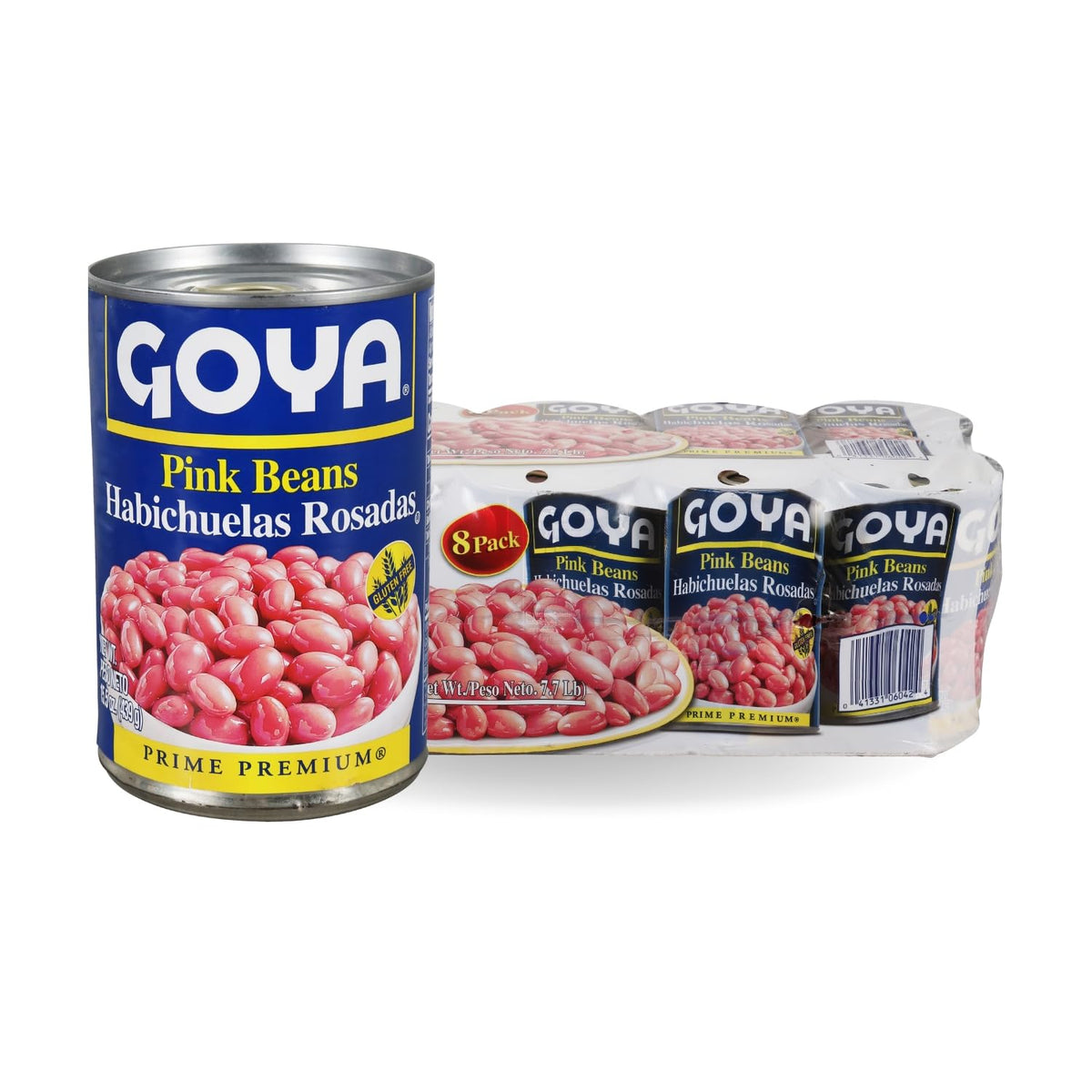 Goya Pink Beans pack of eight cans on a kitchen shelf, ready for quick meals.