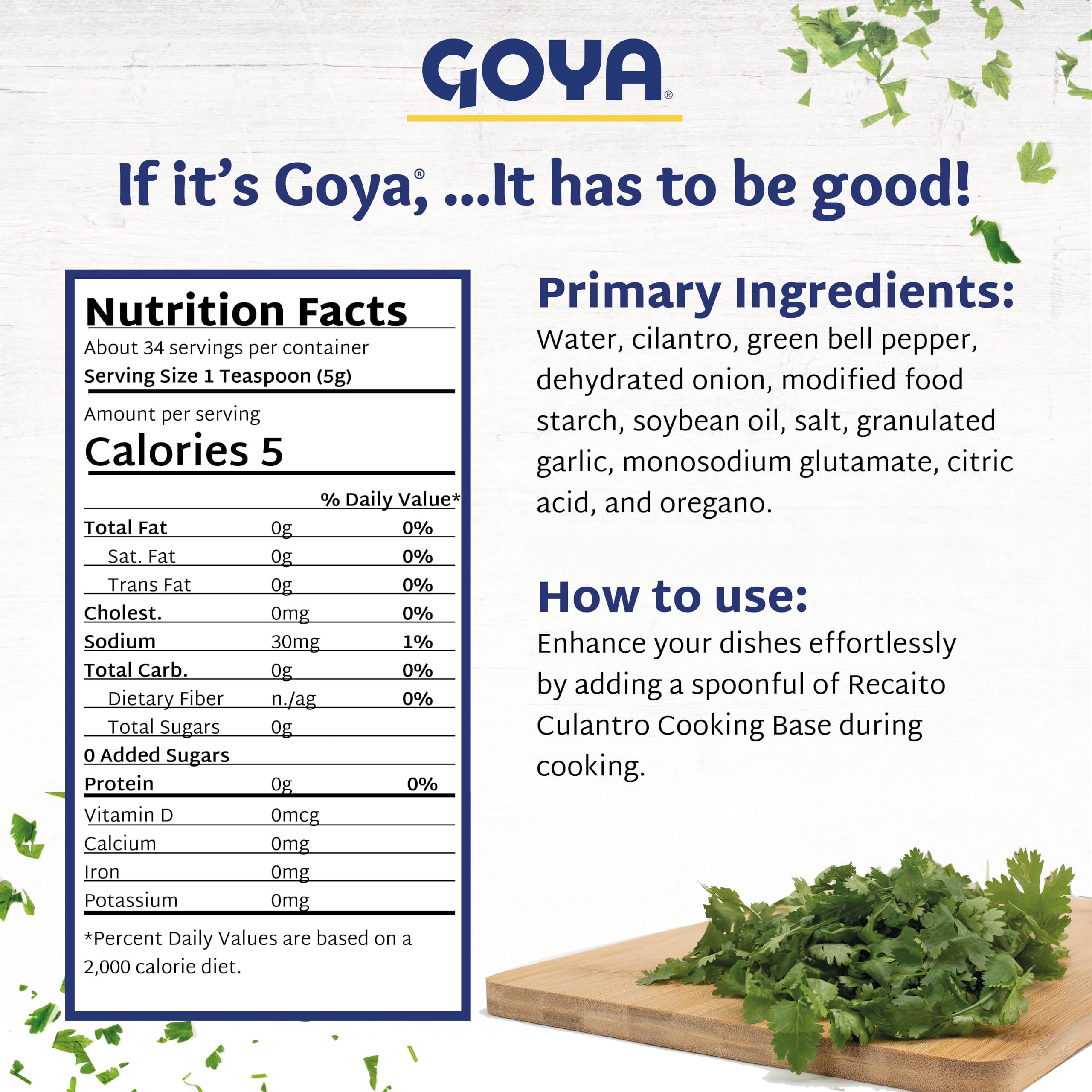 Goya Recaito cilantro base ingredients closeup showing culantro, peppers, onions, garlic