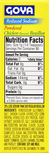 Goya reduced-sodium bouillon cubes featured in a kitchen setup for easy cooking.