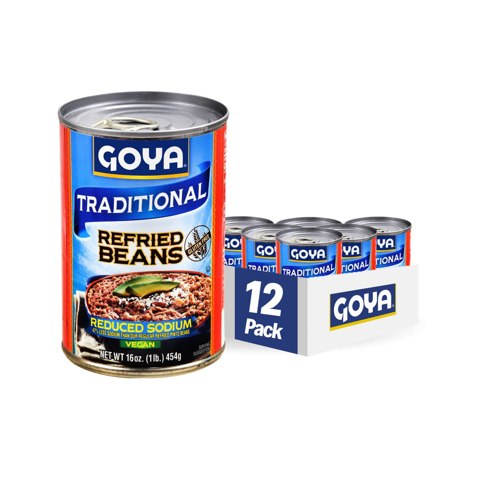 Goya Reduced Sodium Refried Pinto Beans can front, a savory base for quick meals