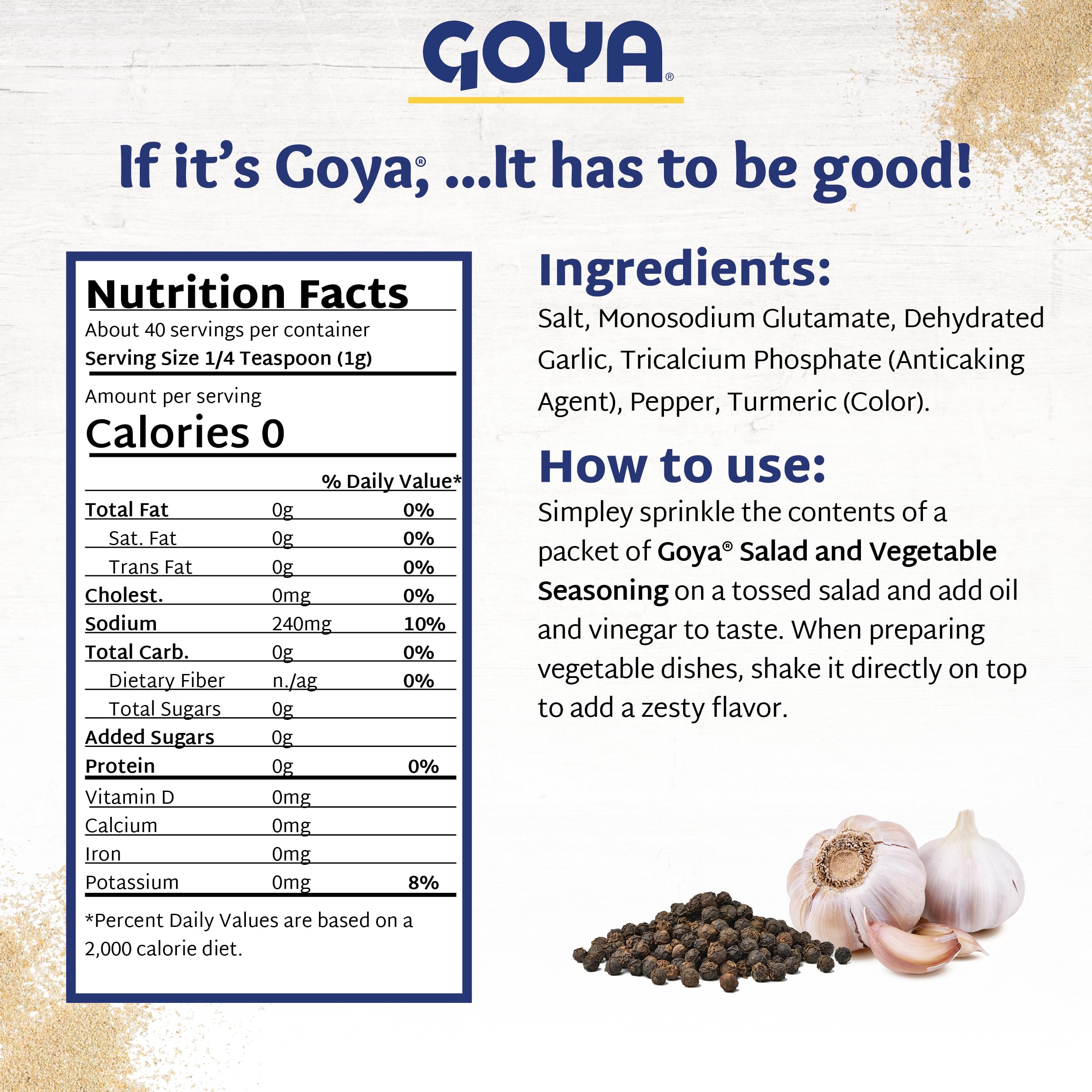 Goya seasoning sprinkled on salad for Latin flair