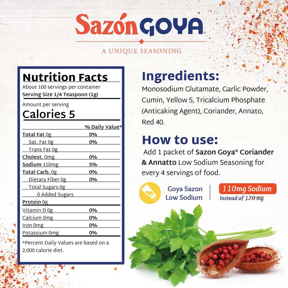 Goya Sazón coriander and annatto powder close-up highlighting color and aroma.