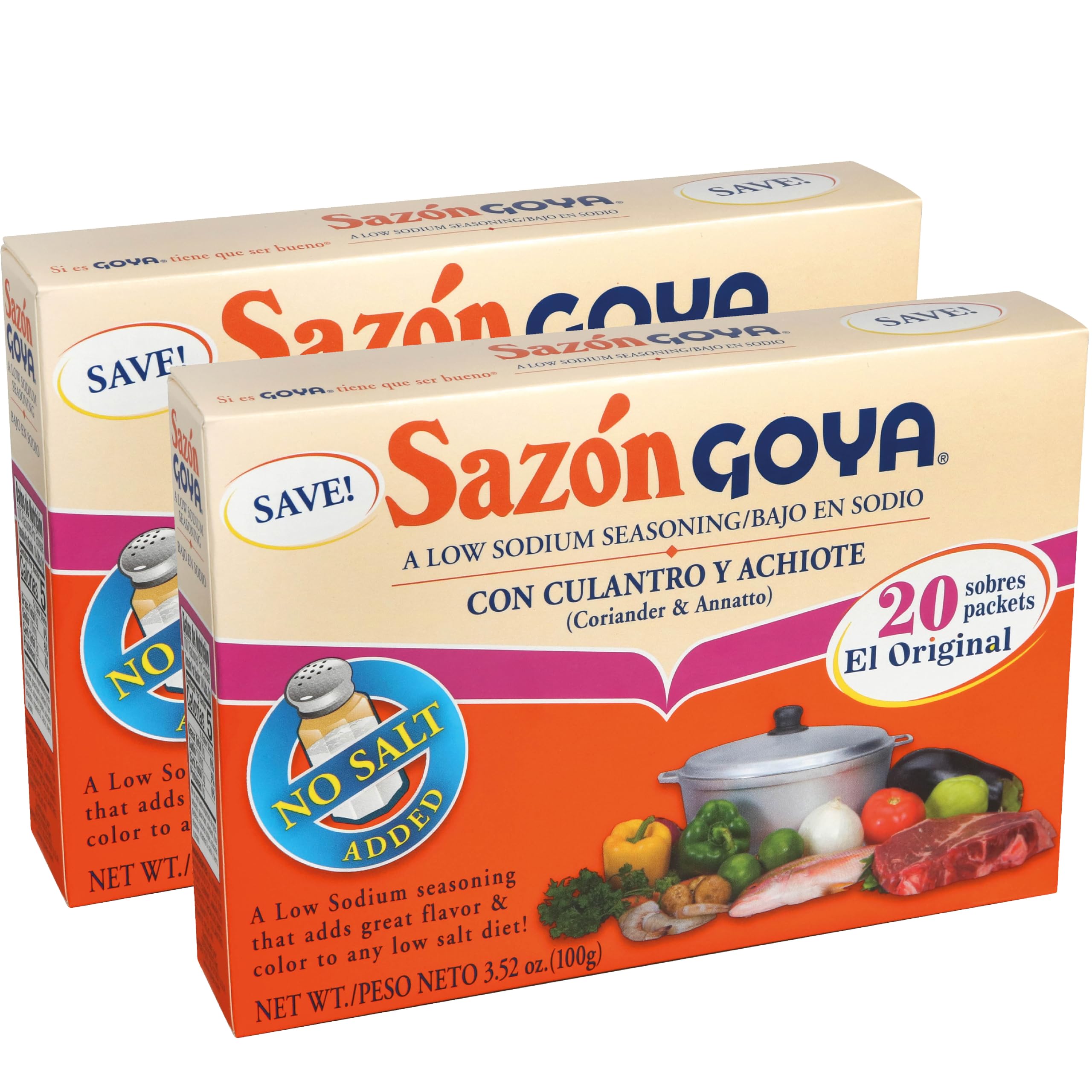 Goya Sazón packaging boxes showcasing a low-sodium seasoning option for flavorful meals.