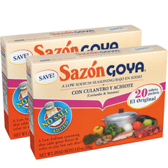 Goya Sazón packaging boxes showcasing a low-sodium seasoning option for flavorful meals.