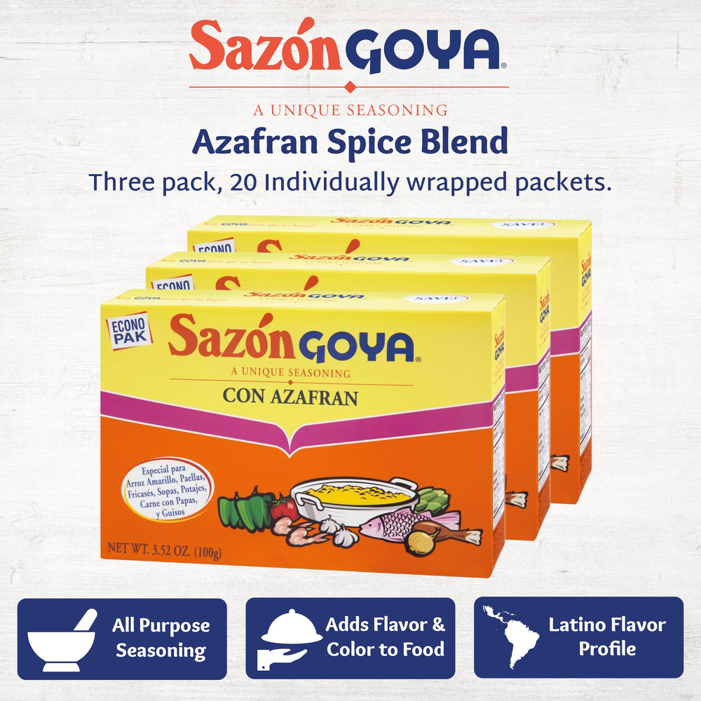 Goya Sazón with Saffron packet close-up emphasizes color and spice blend for cooking