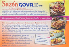 Goya Sazón with Saffron packet close-up highlights bold garlic, cumin, and annatto flavors