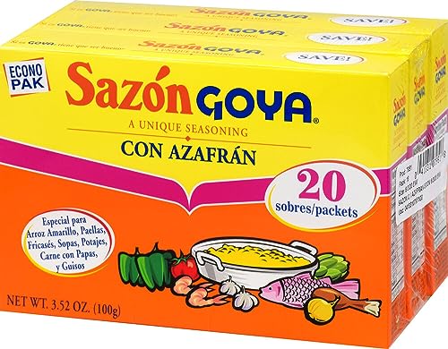 Goya Sazón with Saffron three-pack box side reveals versatile seasoning for rice dishes and stews