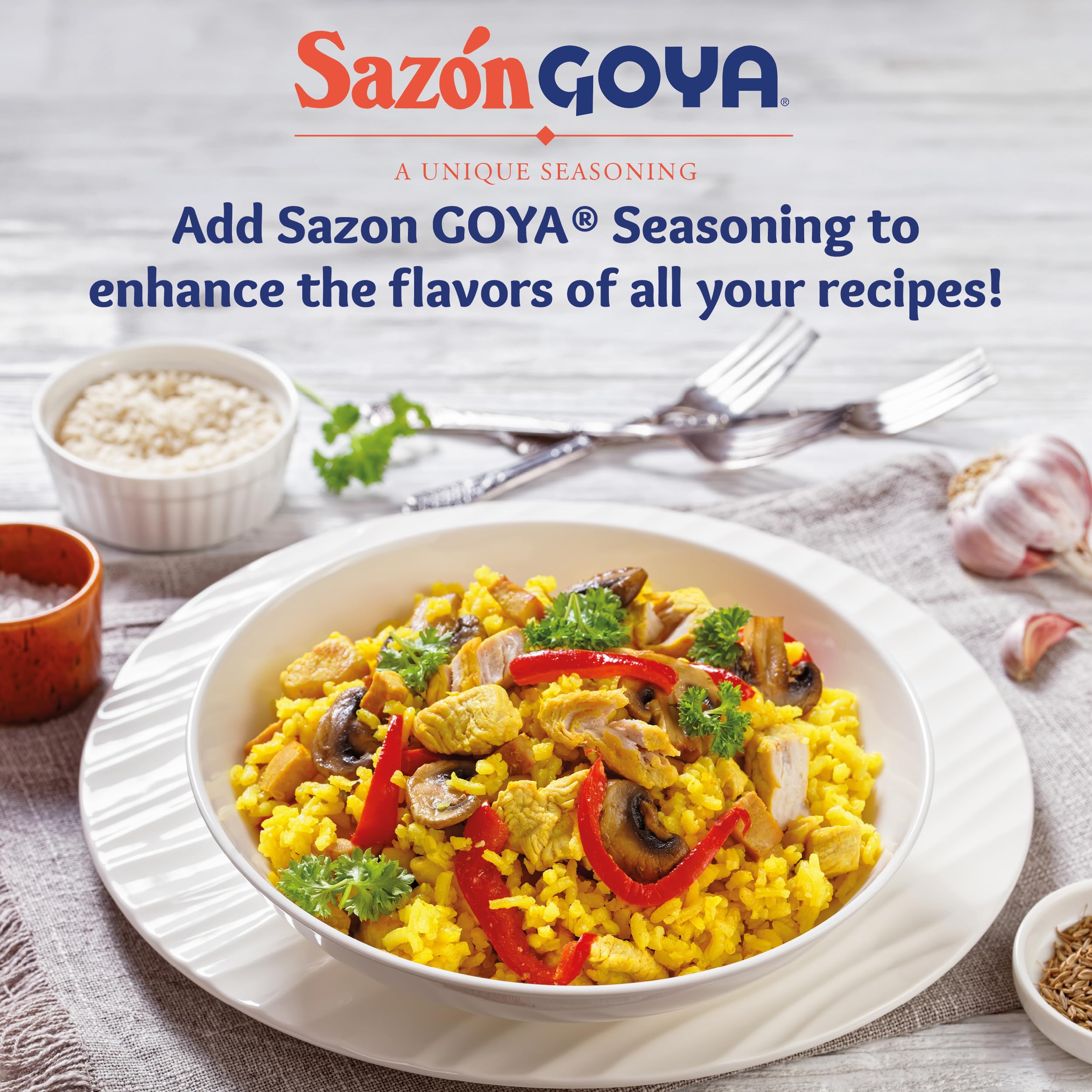 Goya Sazón with Saffron spice blend image highlights vibrant color for rice dishes