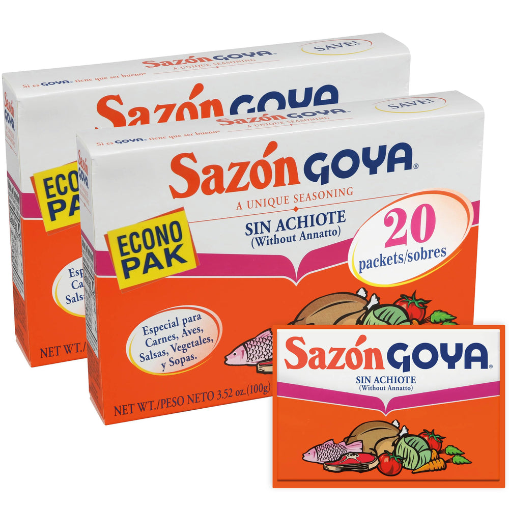 Goya Sazón without Annatto two-pack on shelf, convenient flavor boost for weeknight meals.