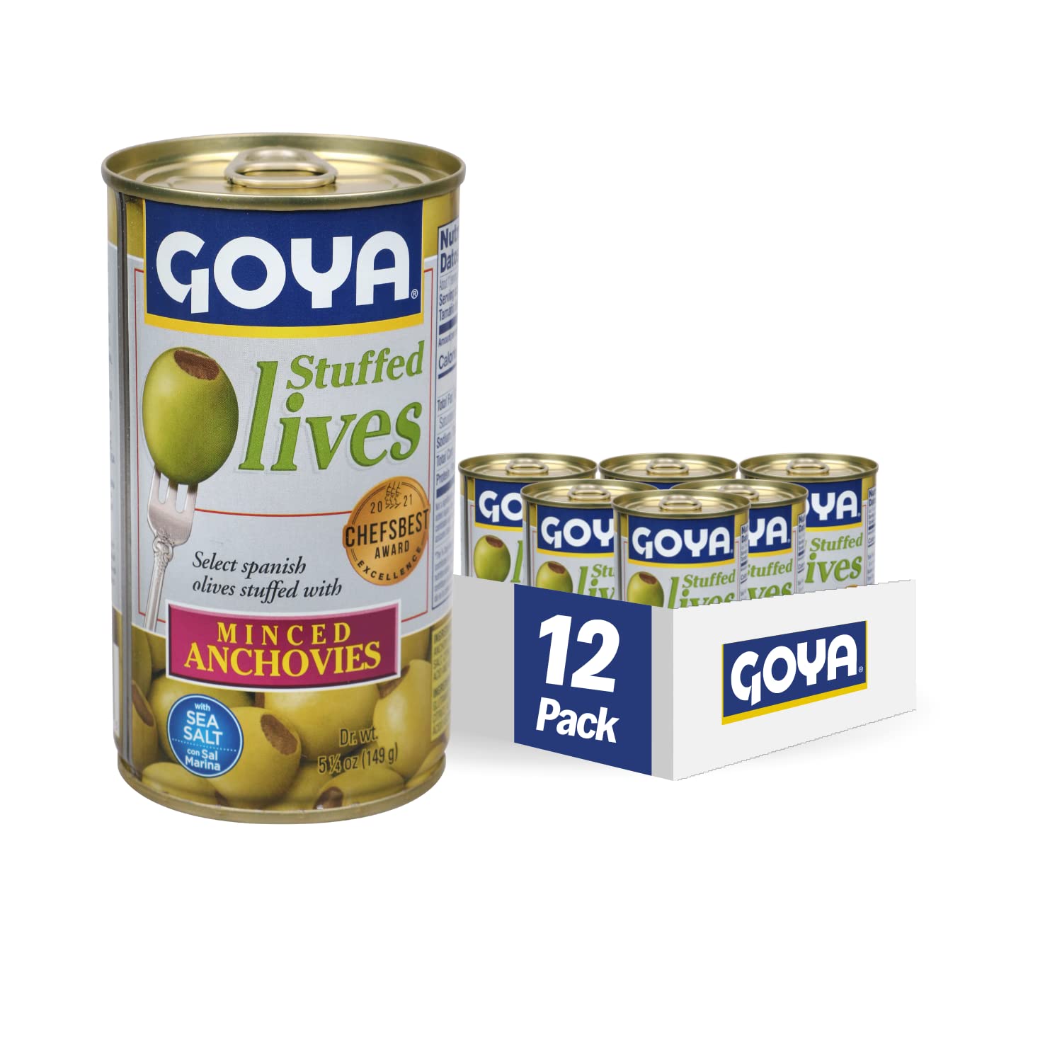 Goya stuffed olives with anchovies in a jar, ready for tapas.
