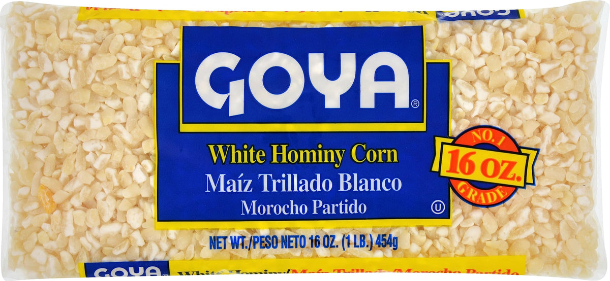 Goya White Hominy Corn 16oz can, versatile base for pozole and Latin dishes.