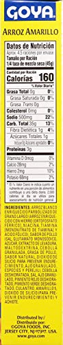 Goya Yellow Rice Mix pack12 nutrition label highlights fat-free, cholesterol-free option