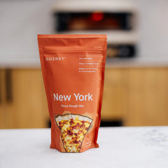Gozney Just-Add-Water New York Dough Mix bag shown for easy measuring and storage.