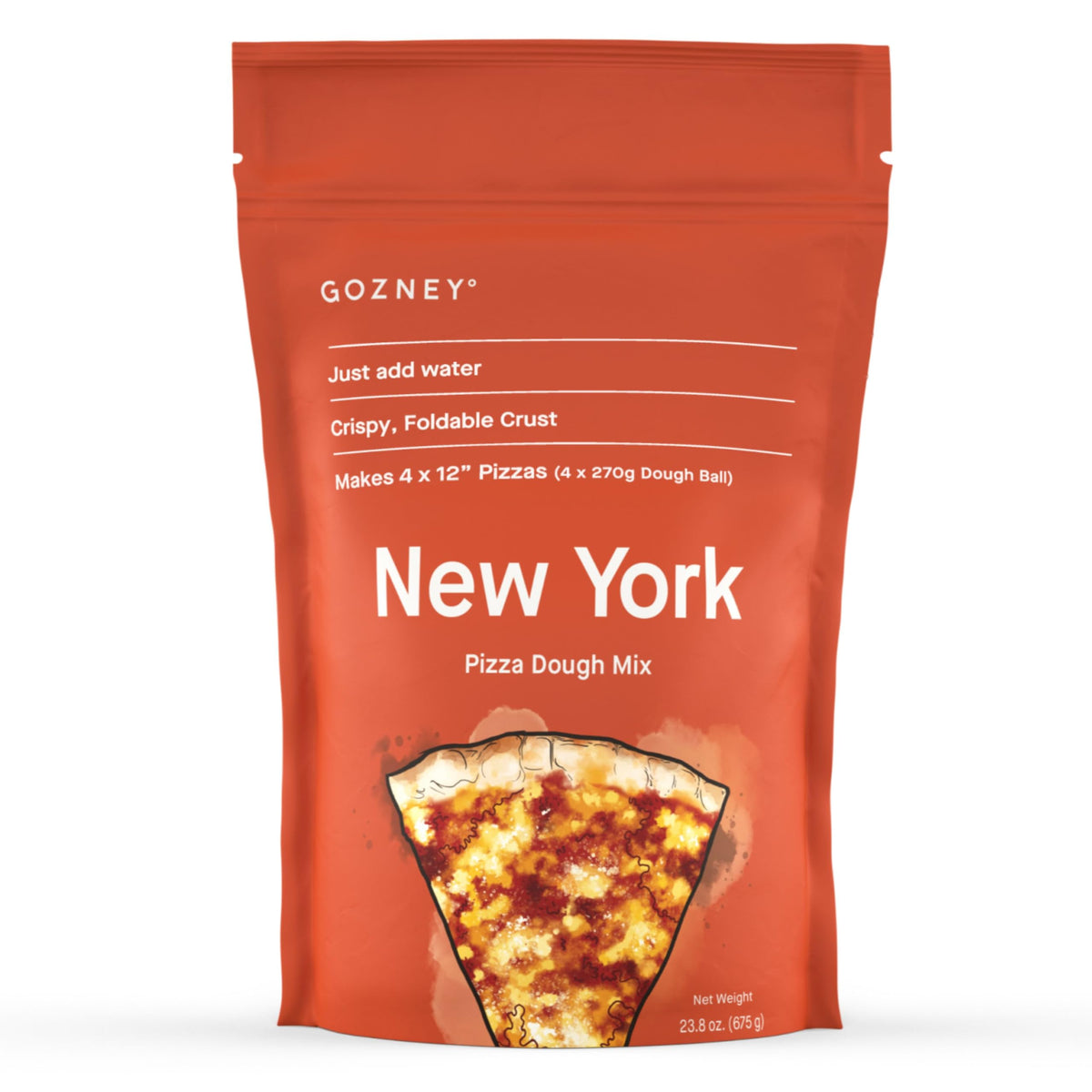 Gozney Just-Add-Water New York Dough Mix pour for quick, mess-free prep toward authentic crust.