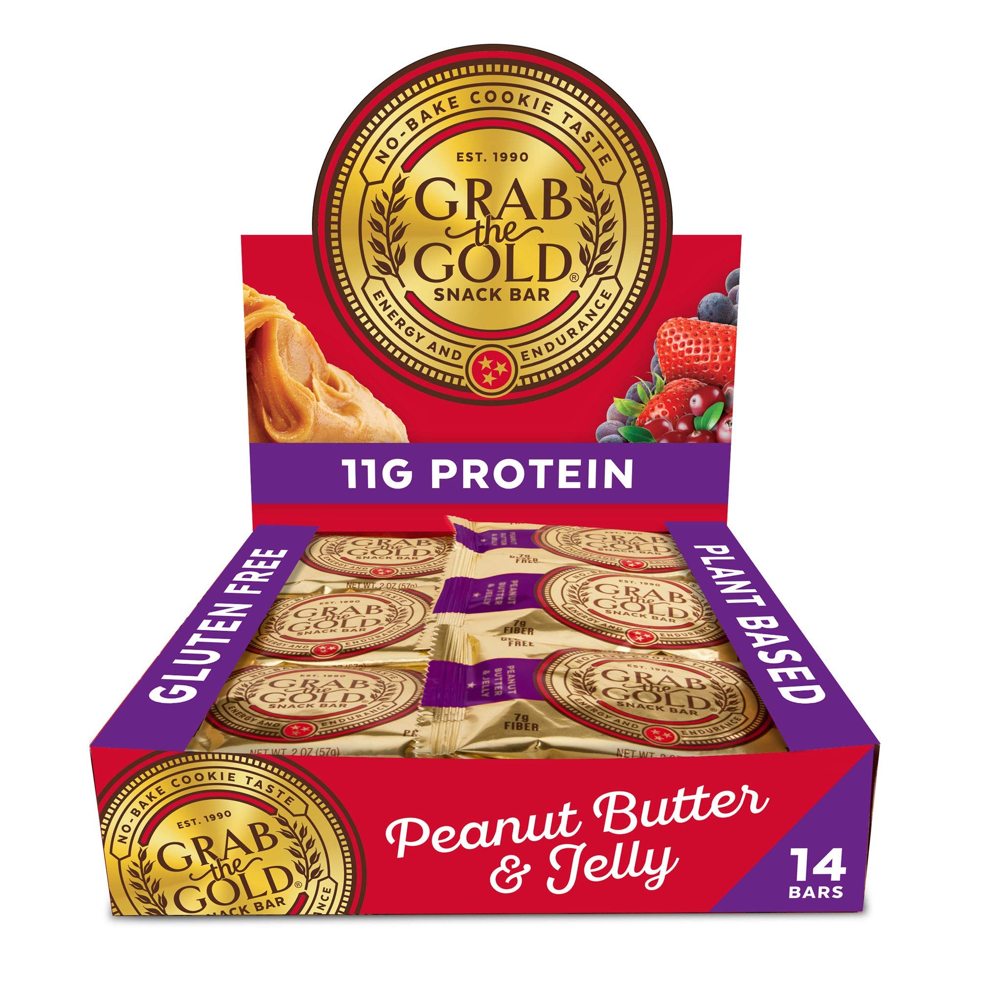 Grab The Gold Cranberries PB&J bar in packaging, highlighting protein and gluten-free ingredients.