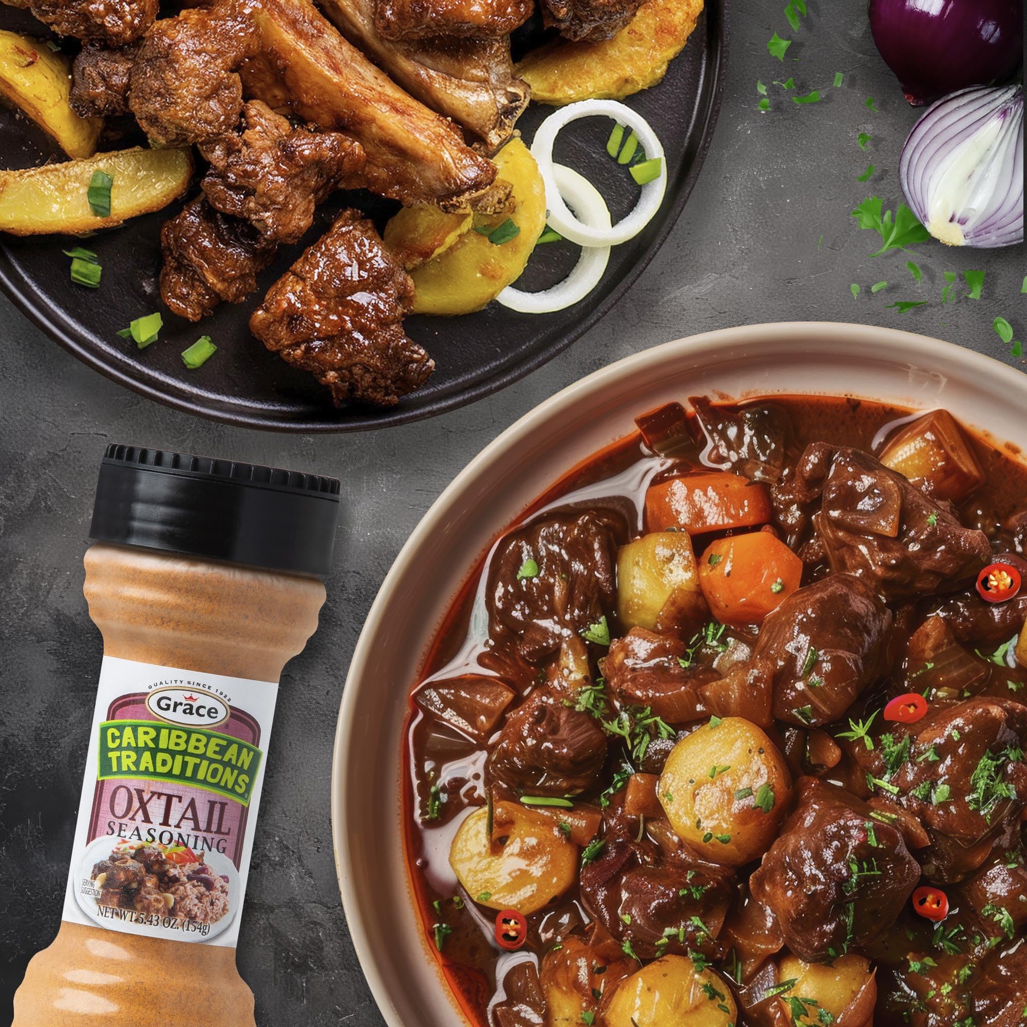 Grace Caribbean Traditions Oxtail Seasoning ingredients closeup with thyme and peppers for authentic Jamaican flavor.