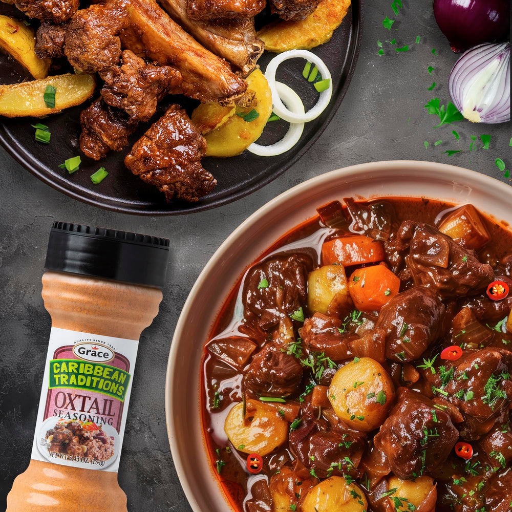 Grace Caribbean Traditions Oxtail Seasoning ingredients closeup with thyme and peppers for authentic Jamaican flavor.