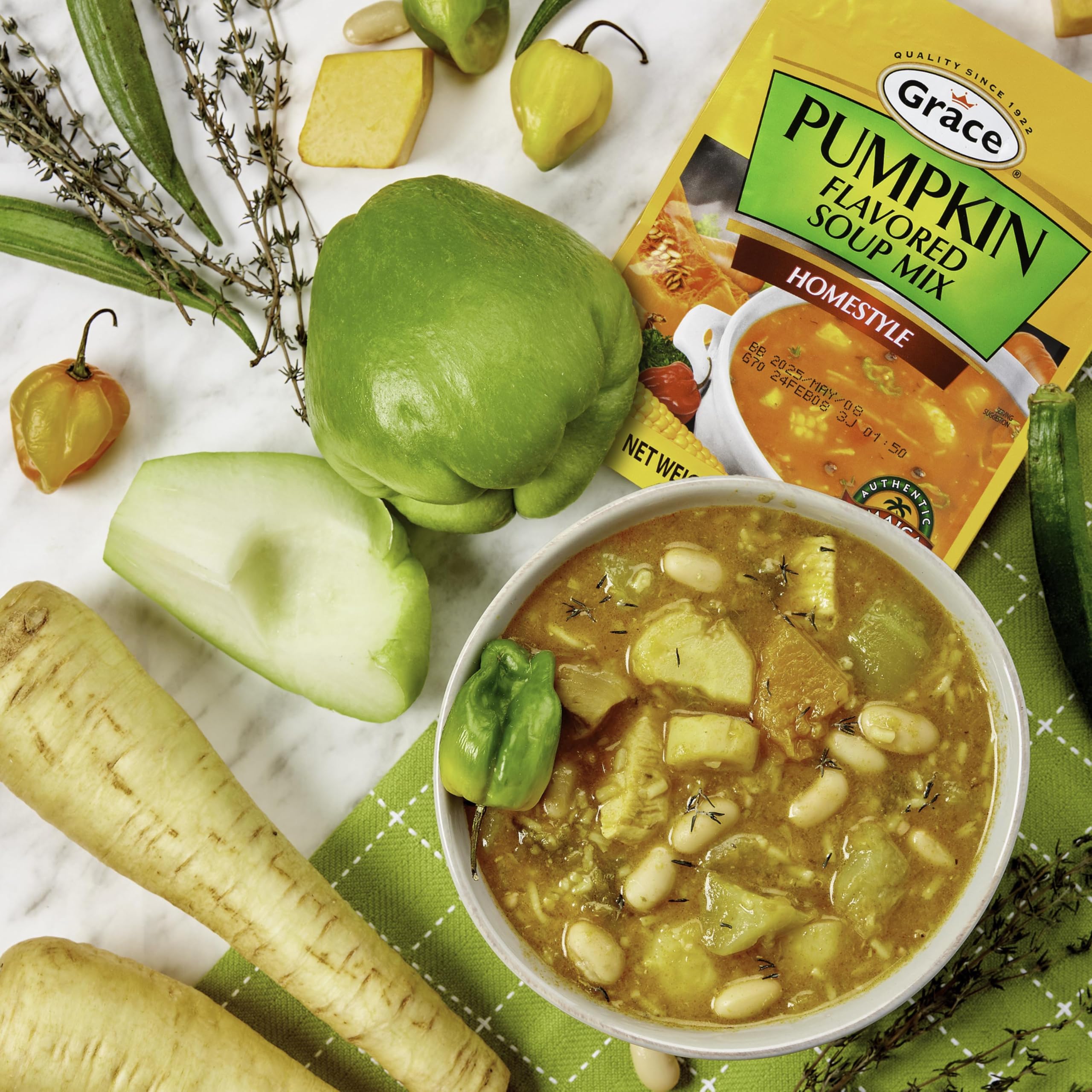 Grace cock flavored soup mix with bold Jamaican spice.
