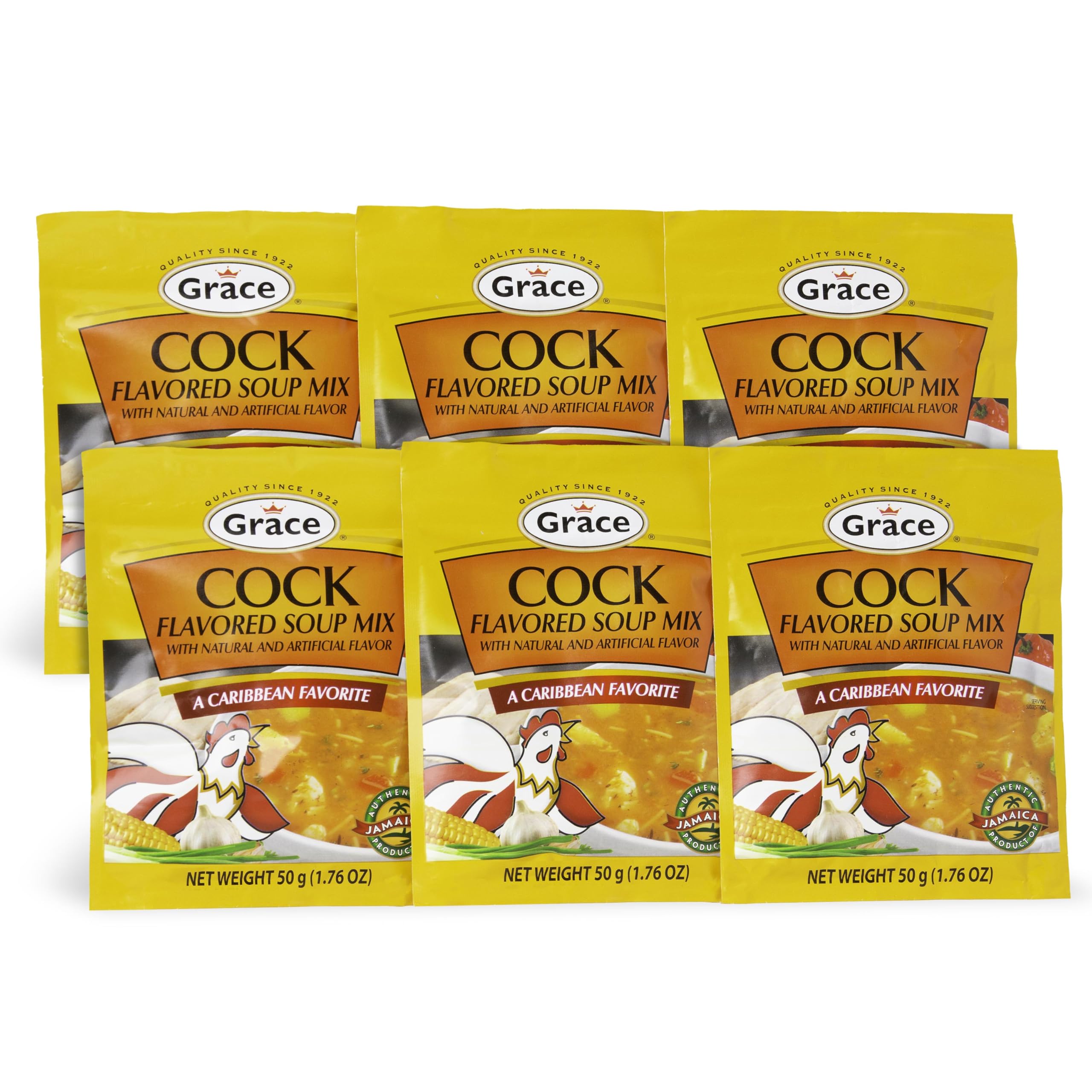 Grace Cock Flavored Soup Mix packaging shown in a six-pack for convenient meals.