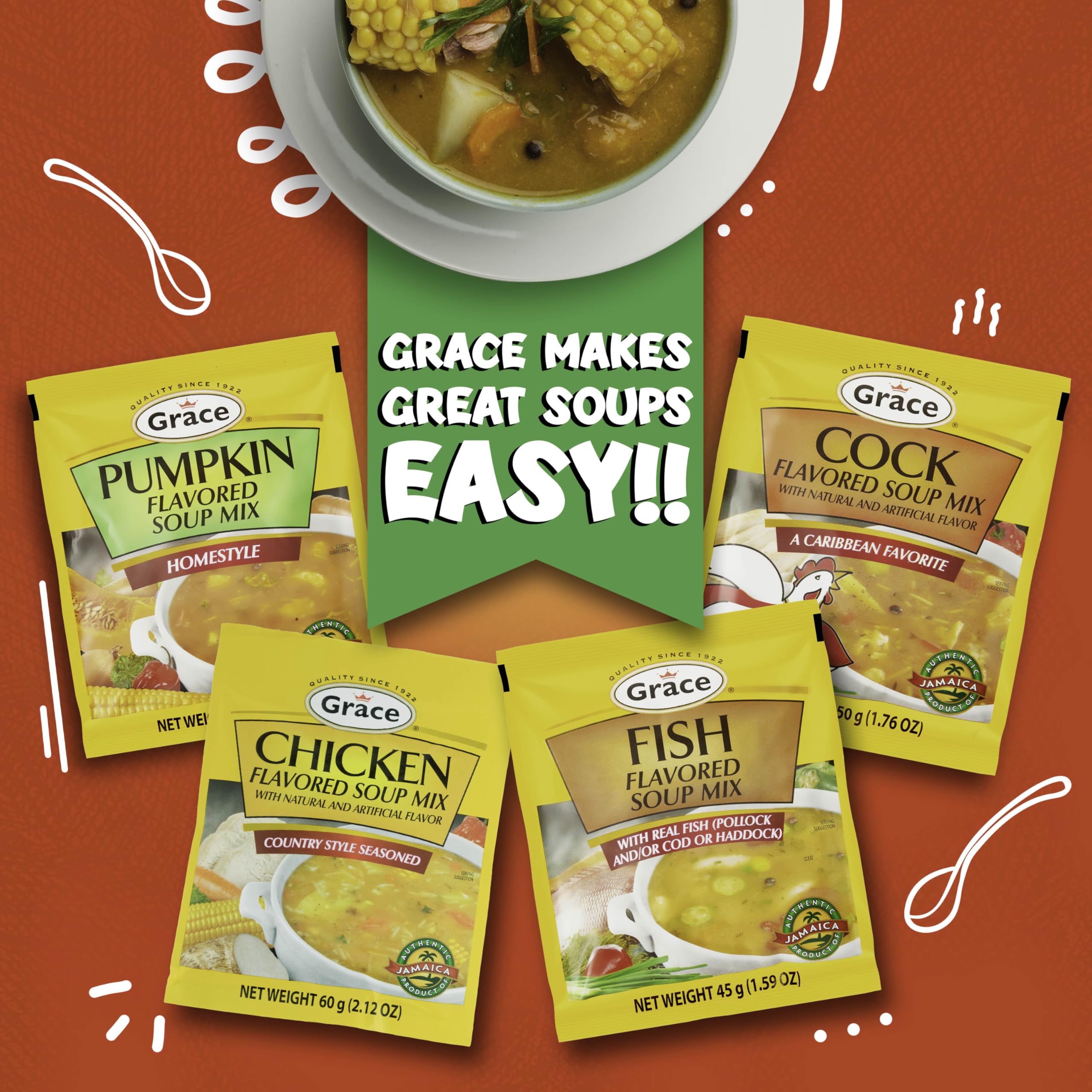 Grace Cock Flavored Soup Mix prepared bowl showcases Caribbean aroma and comforting texture.