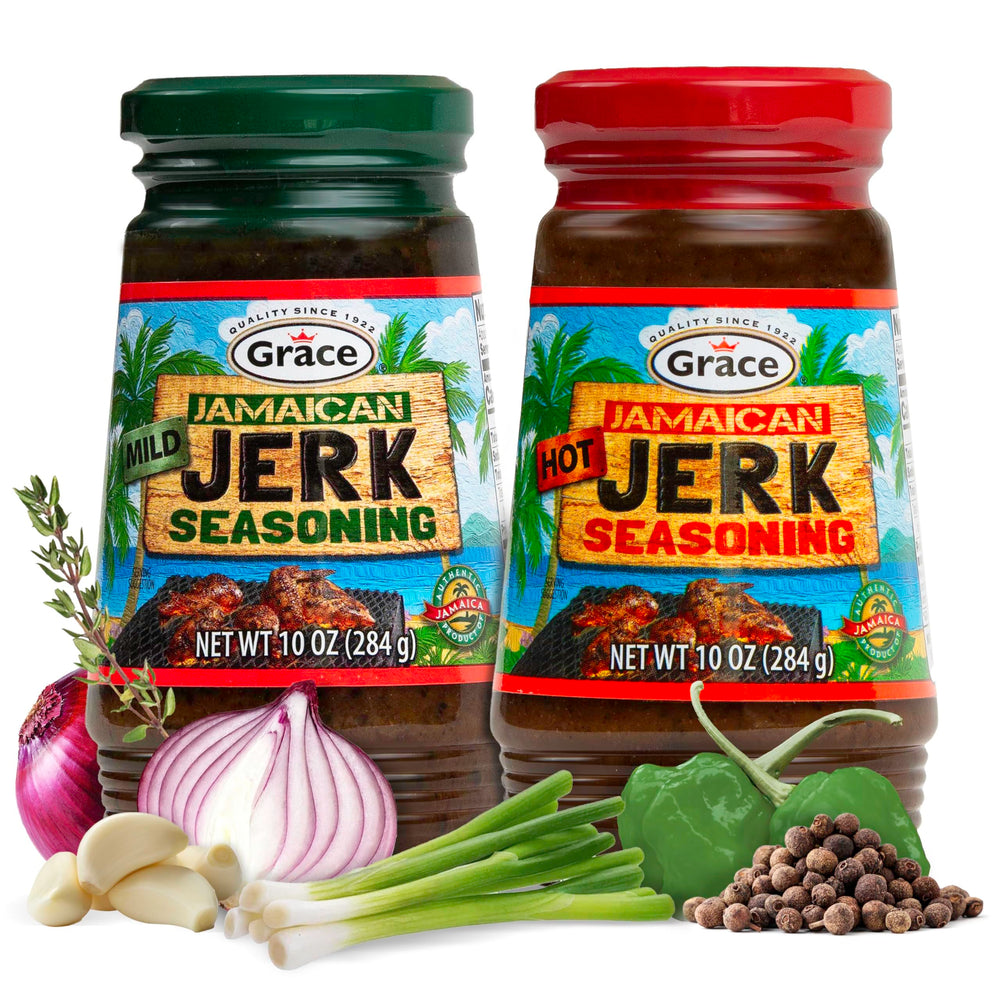 Grace Jamaican Jerk Seasoning bottle-front view; ideal for bold chicken flavor.
