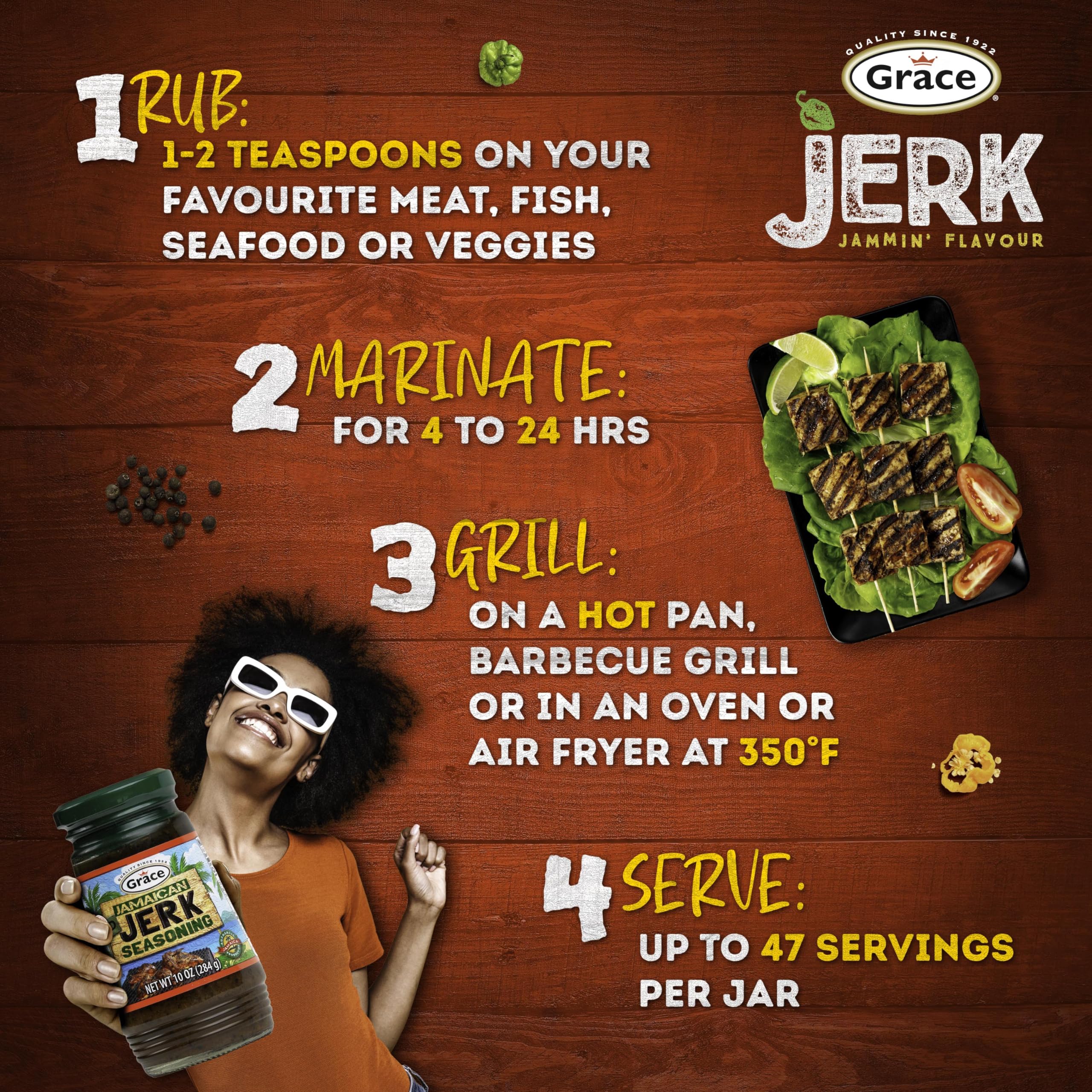 Grace Jamaican Jerk Seasoning pork-dish; Caribbean warmth enhances every bite.