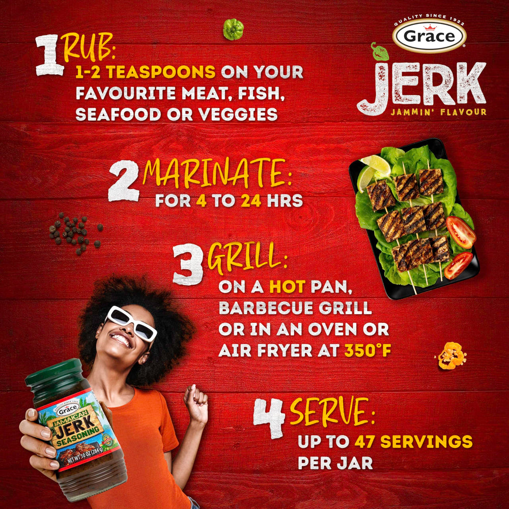 Grace Jamaican Jerk Seasoning pork-dish; Caribbean warmth enhances every bite.