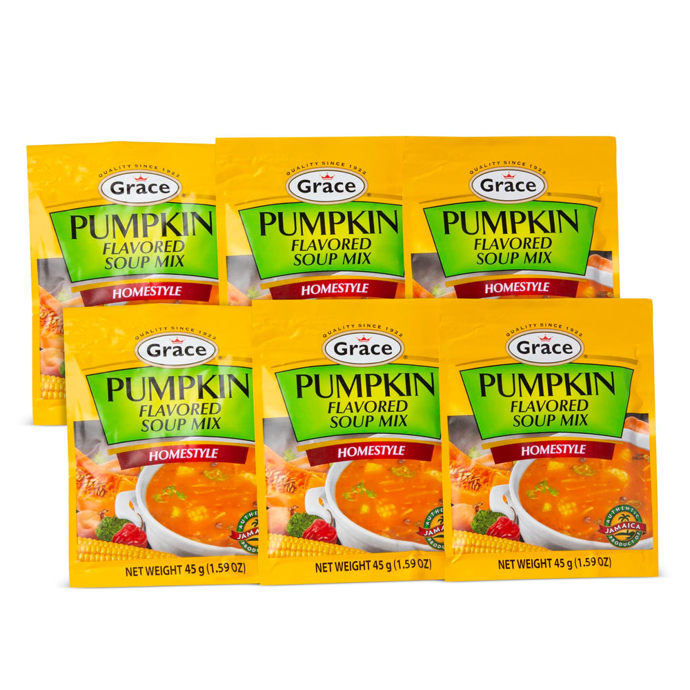 Grace pumpkin flavored soup mix 6-pack box, ready for easy weeknight meals.