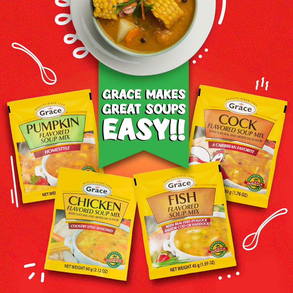 Grace pumpkin flavored soup mix served with spoon, inviting comforting flavors.