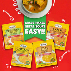 Grace pumpkin flavored soup mix served with spoon, inviting comforting flavors.