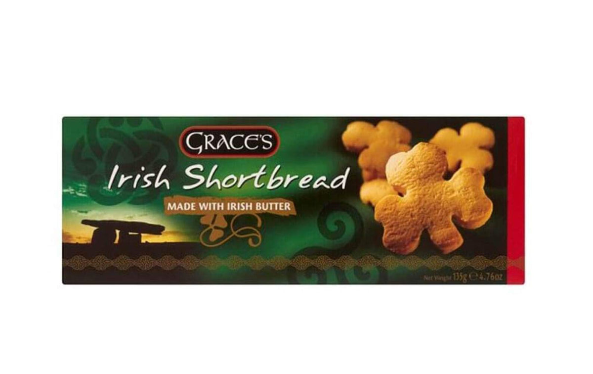 GRACES Clares Irish Shortbread, shamrock-shaped, butter-rich, ideal for tea-time indulgence.