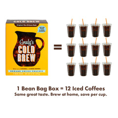 Grady's Cold Brew bean bags closeup highlighting premium 100% Arabica blend.