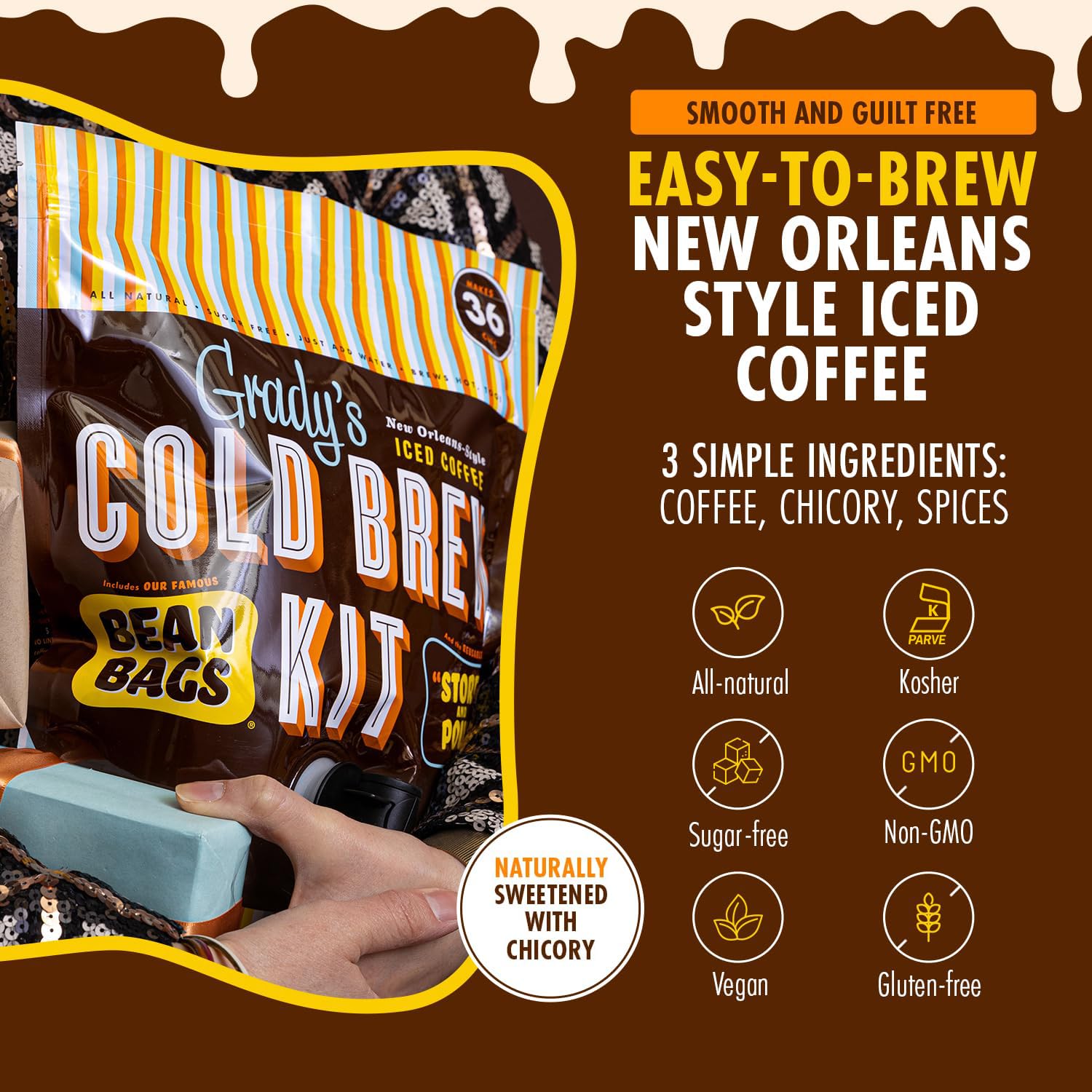 Gradys Cold Brew chicory closeup highlighting arabica and chicory flavors.