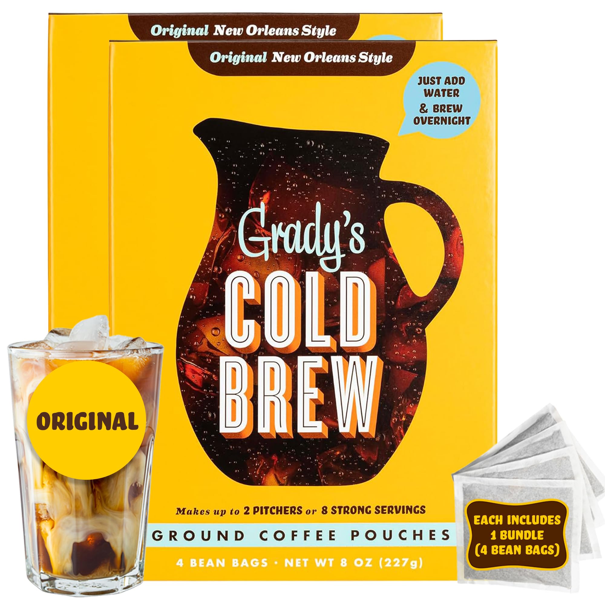 Grady's Cold Brew new-orleans-style bean bags packaging for quick at-home brewing.